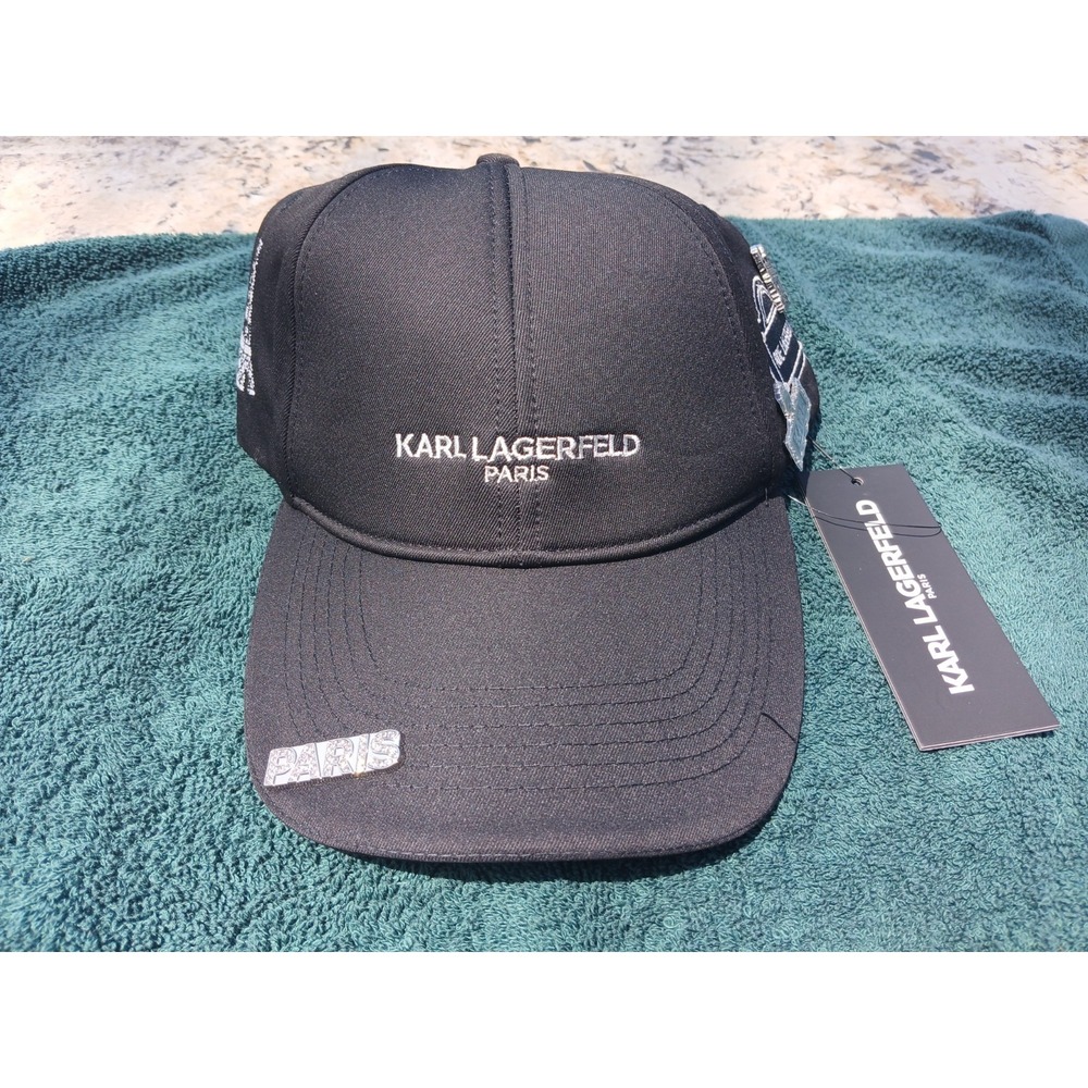 Karl Lagerfeld Hat Cap Womens Black Baseball Rhinestone Pin Bling Designer New